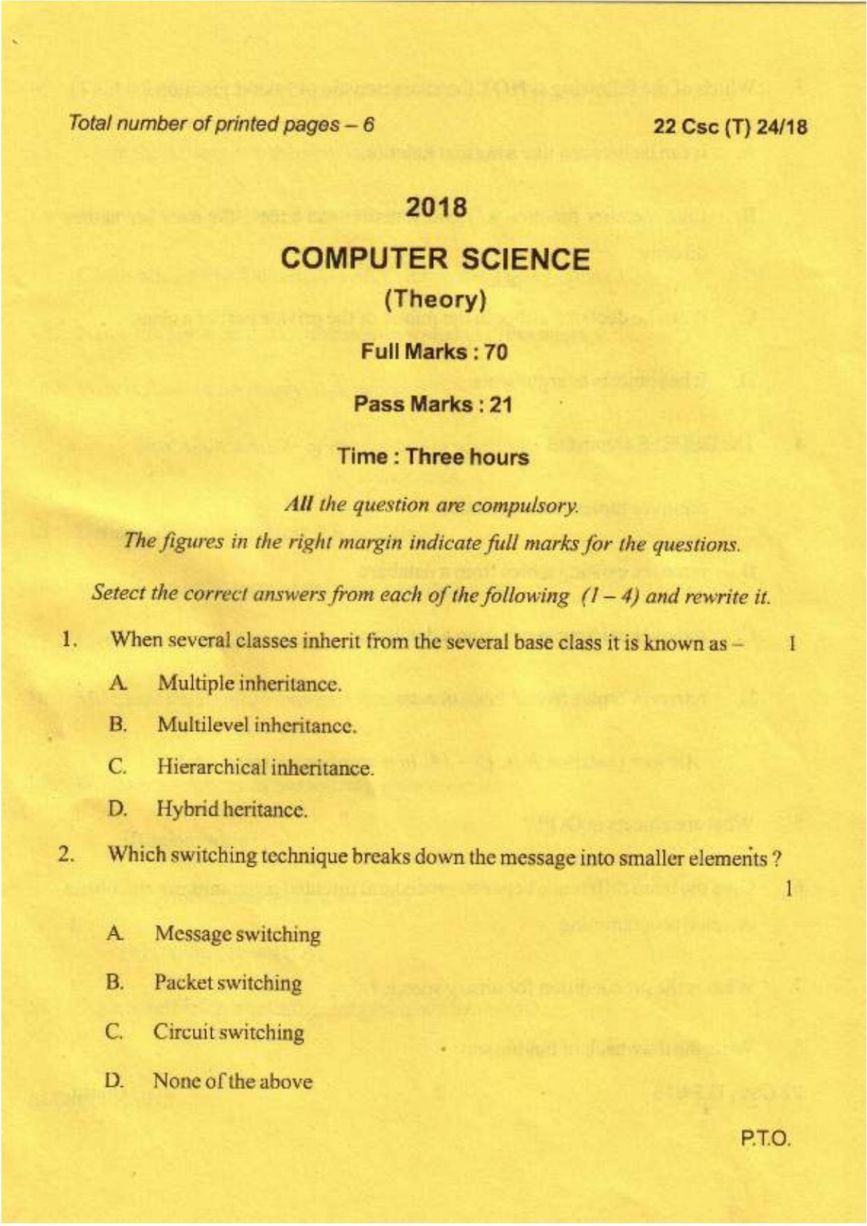 COHSEM Class 12 Computer Science 2018 Question Papers - Page 1
