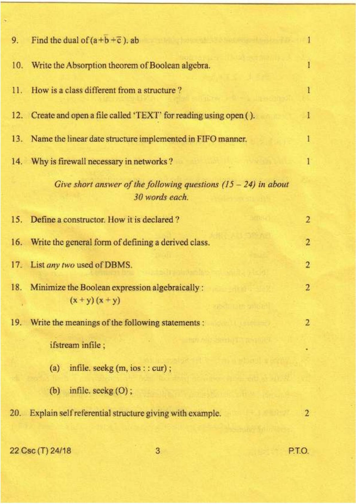 COHSEM Class 12 Computer Science 2018 Question Papers - Page 3