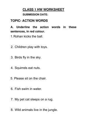 Worksheet for Class 1 English Assignment 49 Action Words