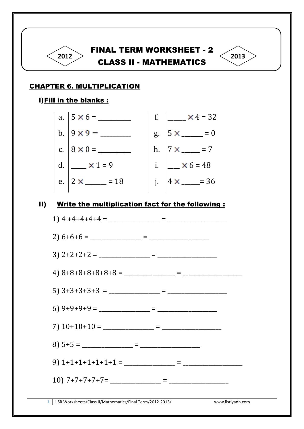 Worksheets for Class 2 Maths Assignment 139 Multiplication and Time - Page 1