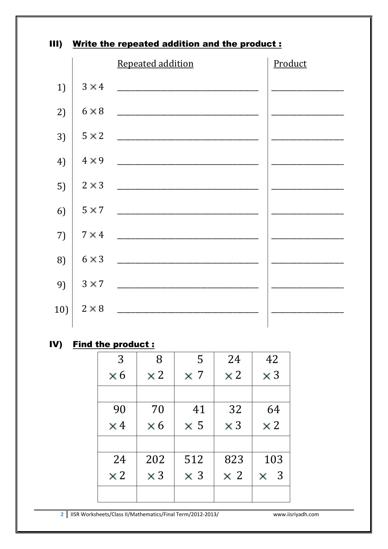 Worksheets for Class 2 Maths Assignment 139 Multiplication and Time - Page 2