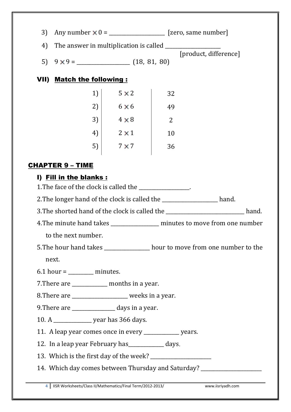 Worksheets for Class 2 Maths Assignment 139 Multiplication and Time - Page 4