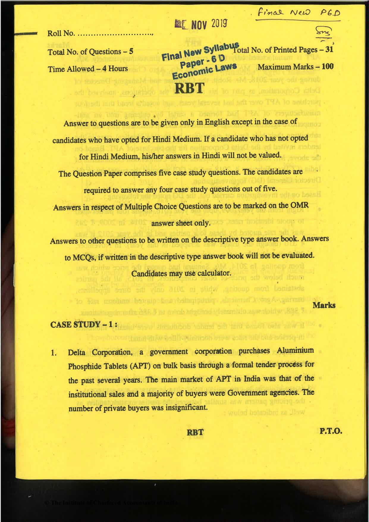 CA Final Nov 2019 Question Paper -Paper 6D – Economic Laws - Page 1