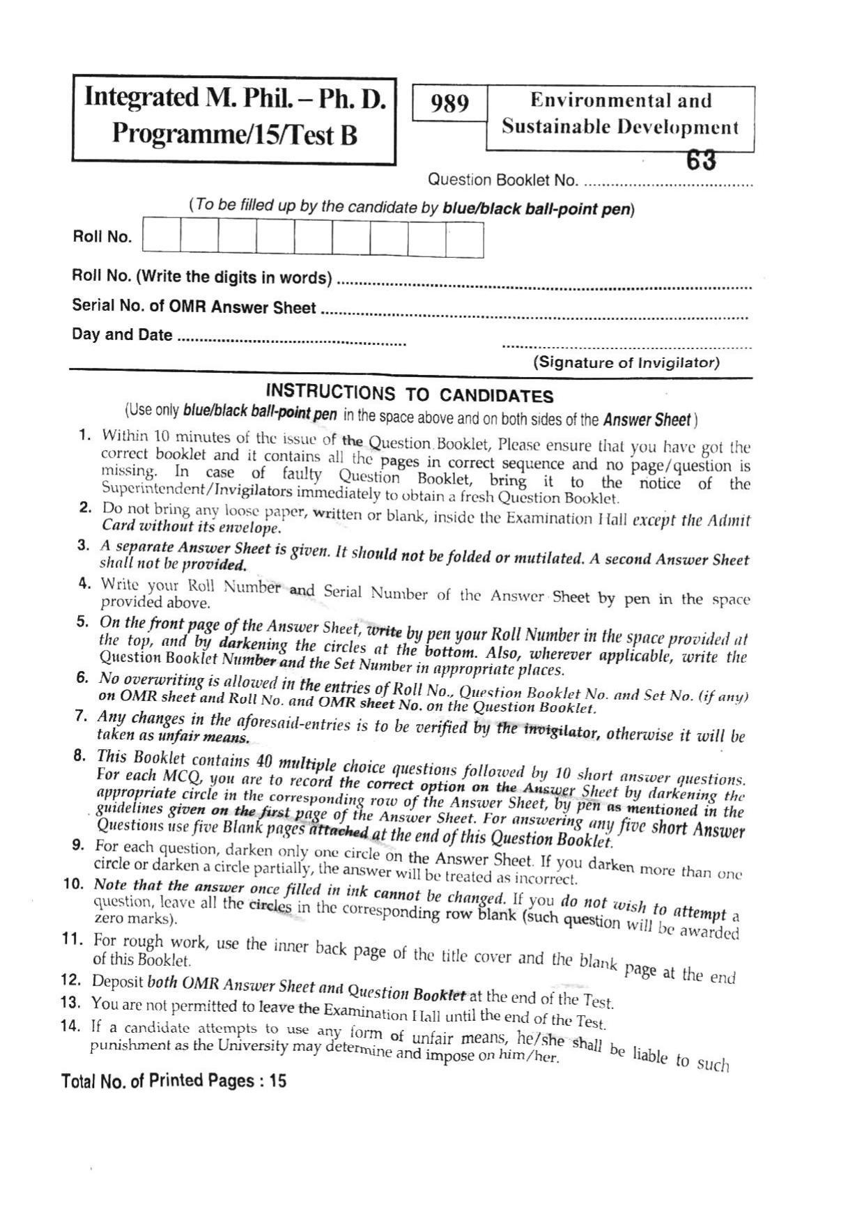 BHU RET INTEGRATED M.PHIL & PH. D 2015 Question Paper - Page 1
