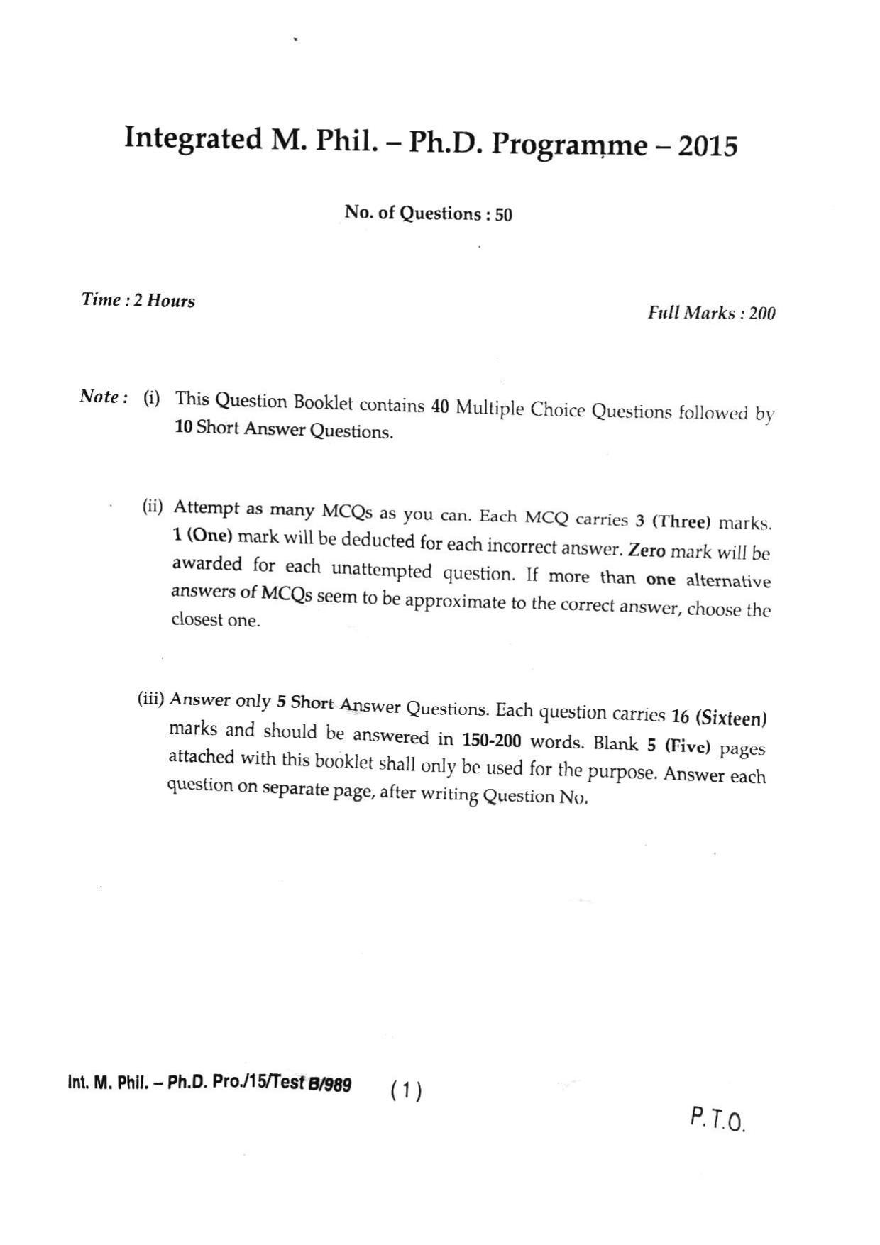 BHU RET INTEGRATED M.PHIL & PH. D 2015 Question Paper - Page 3