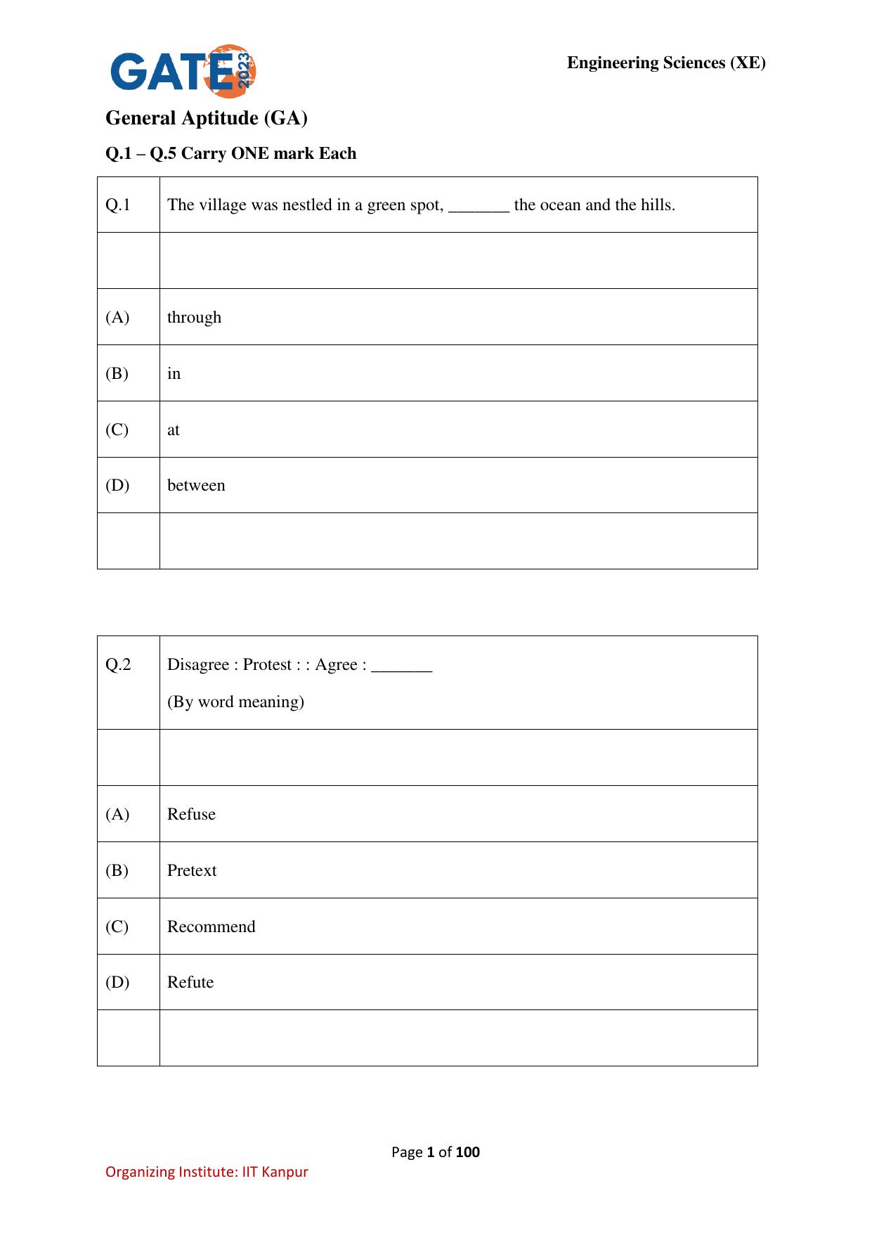 GATE 2023 Engineering Sciences (XE) Question Paper - Page 1