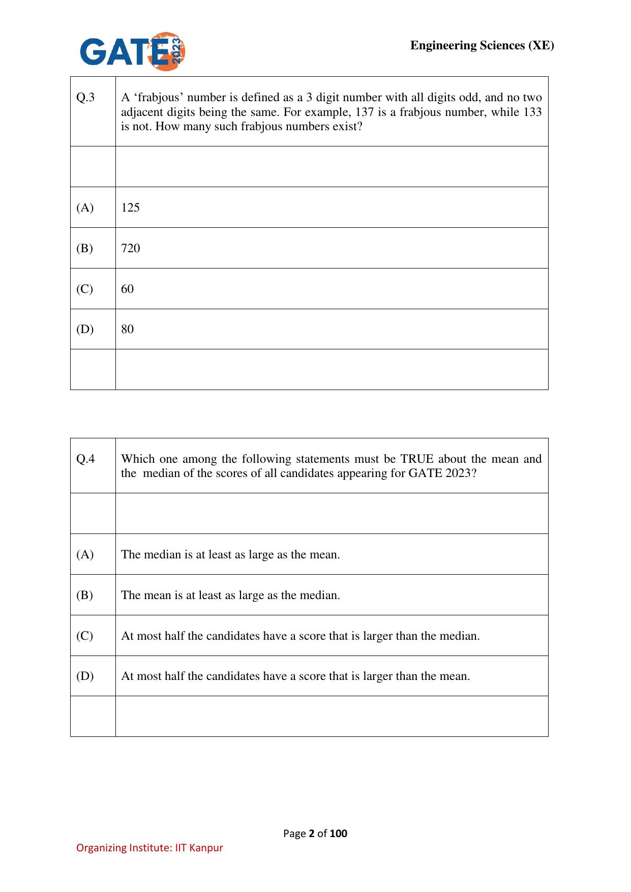 GATE 2023 Engineering Sciences (XE) Question Paper - Page 2