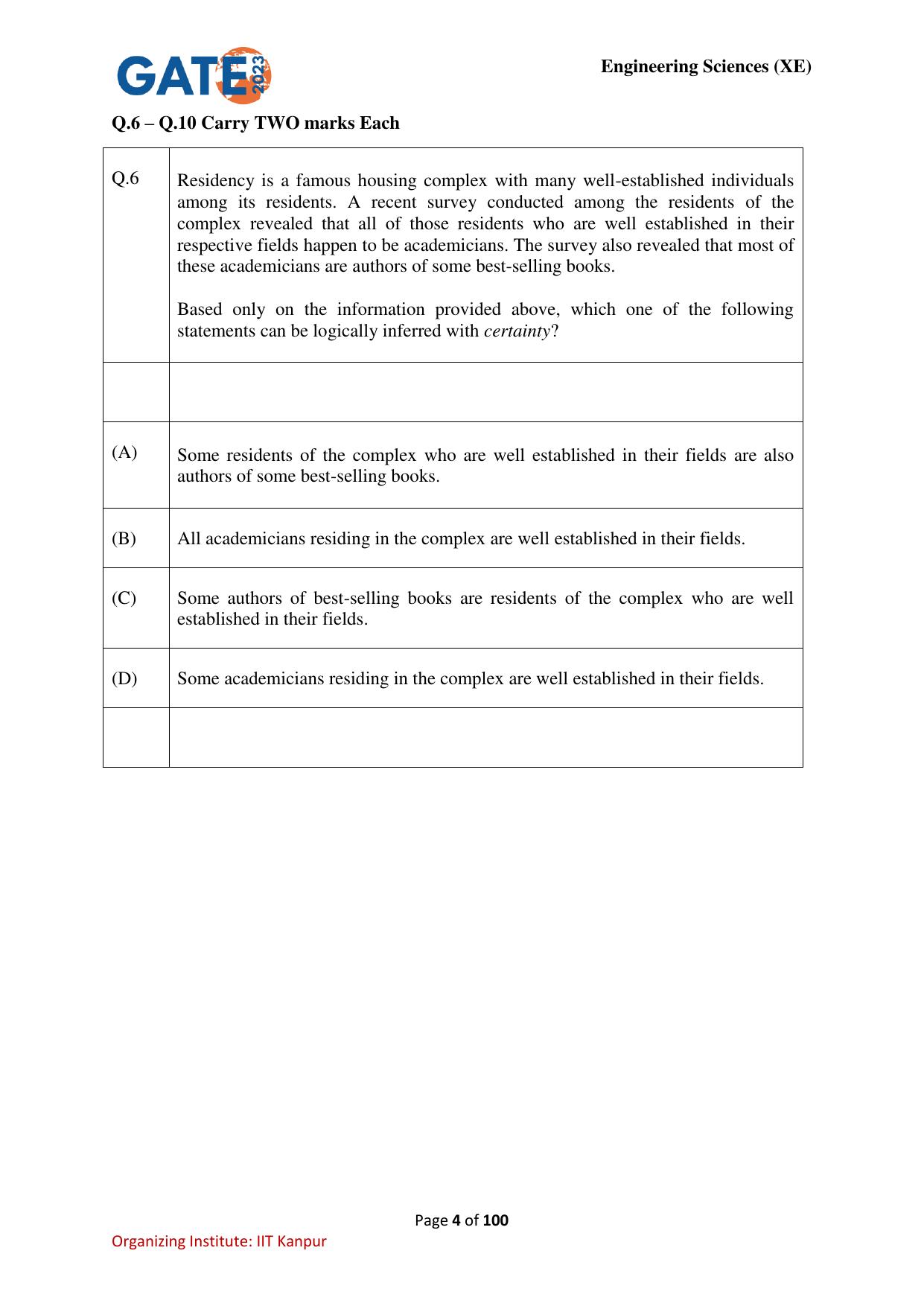 GATE 2023 Engineering Sciences (XE) Question Paper - Page 4