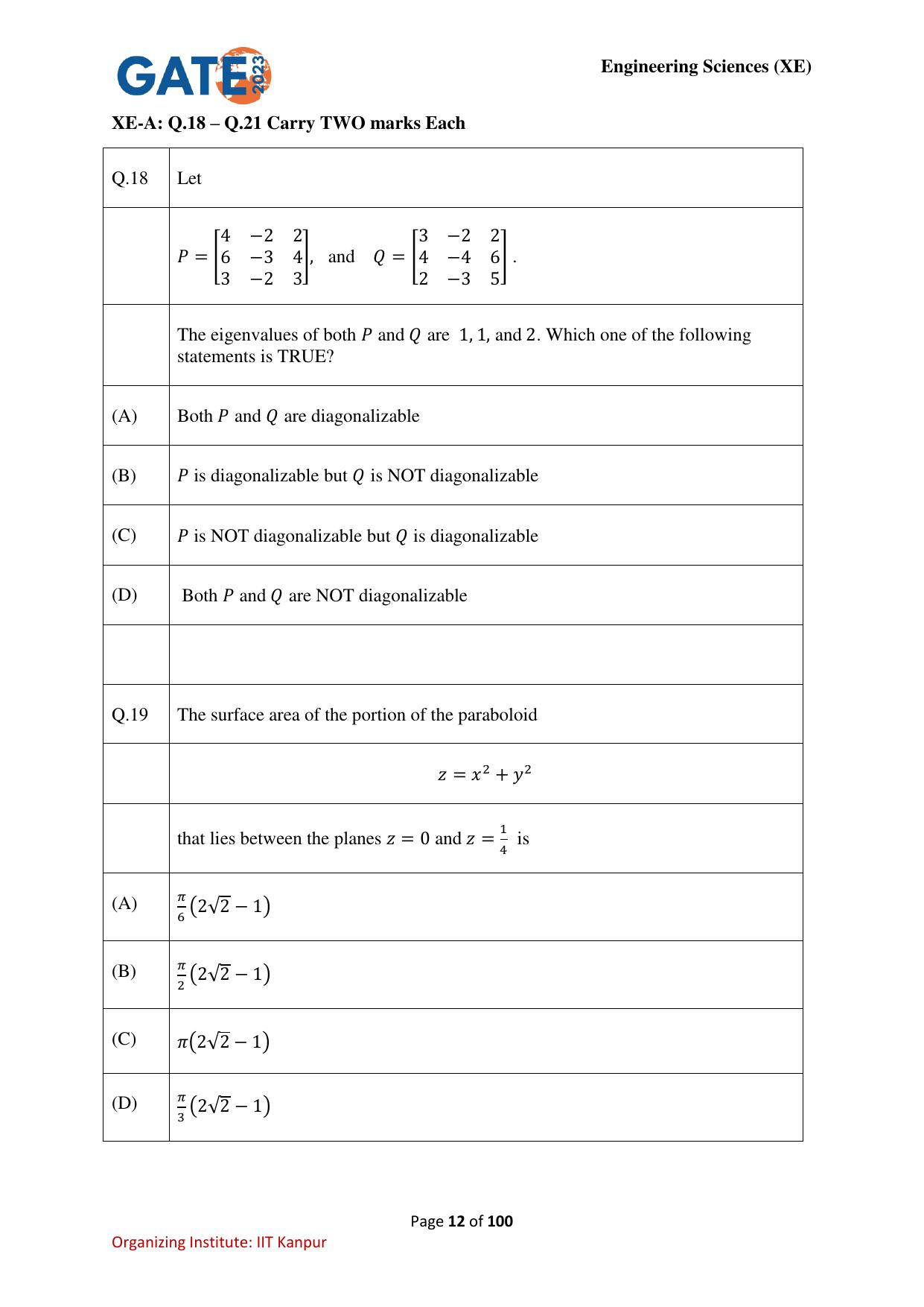 GATE 2023 Engineering Sciences (XE) Question Paper - Page 12