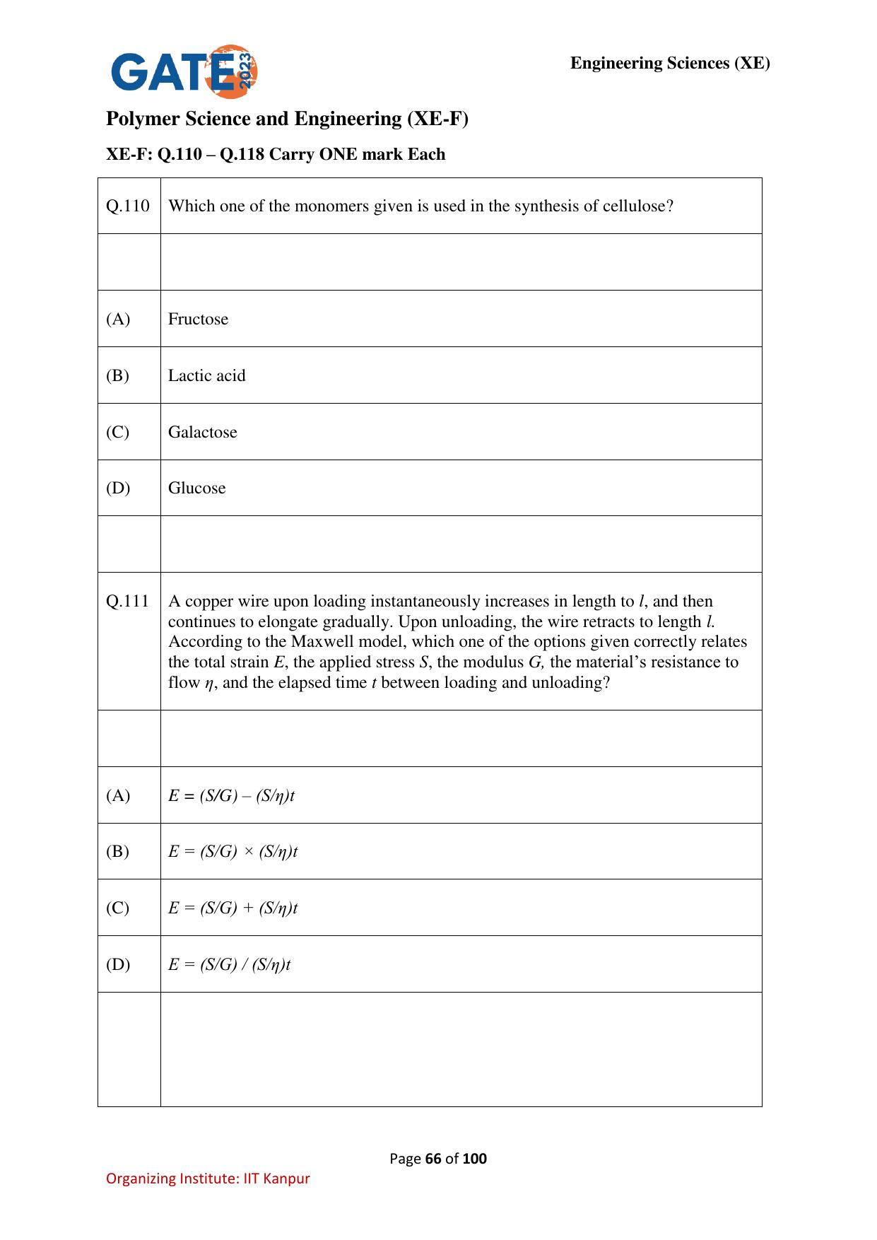 GATE 2023 Engineering Sciences (XE) Question Paper - Page 66
