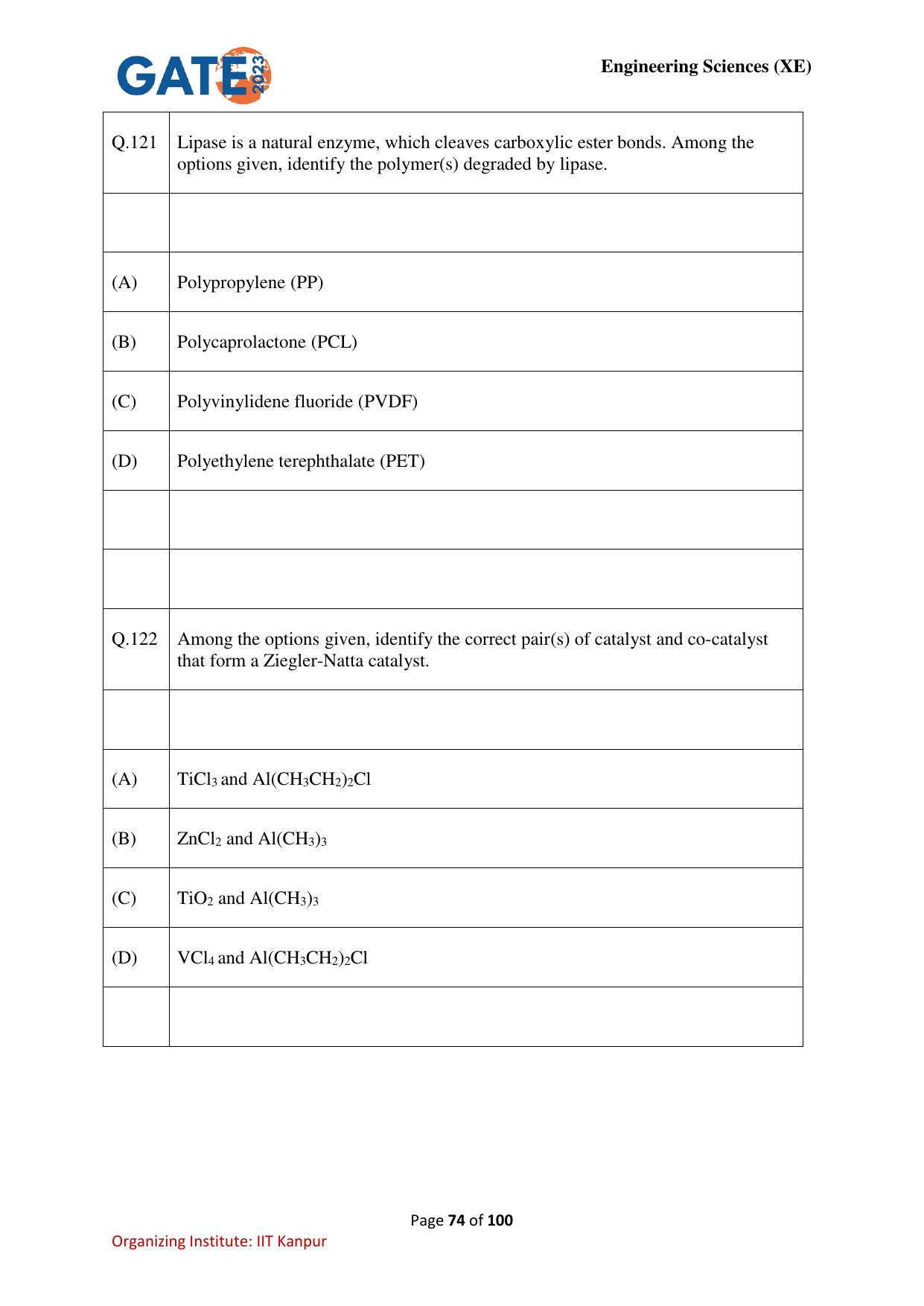 GATE 2023 Engineering Sciences (XE) Question Paper - Page 74