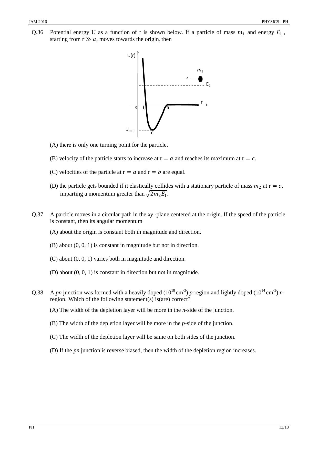 JAM 2016: PH Question Paper - Page 12