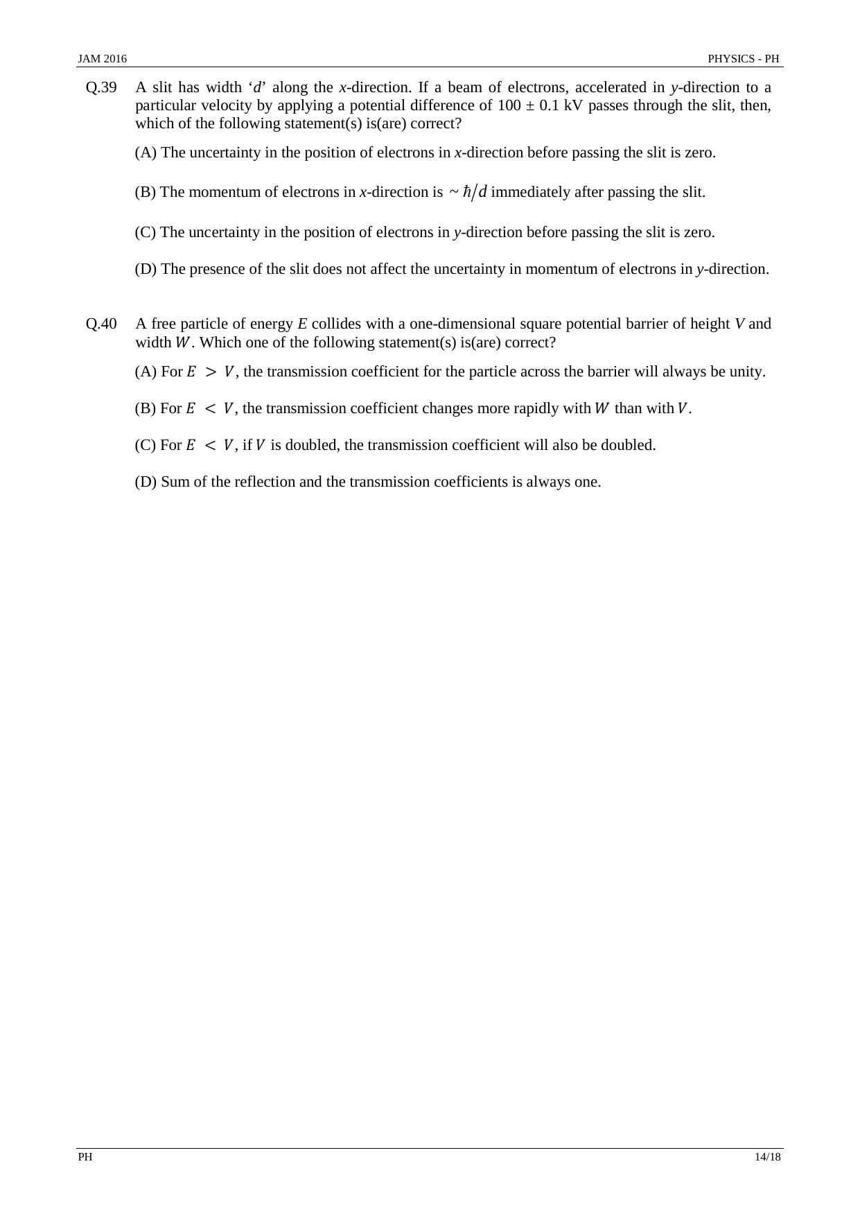 JAM 2016: PH Question Paper - Page 13