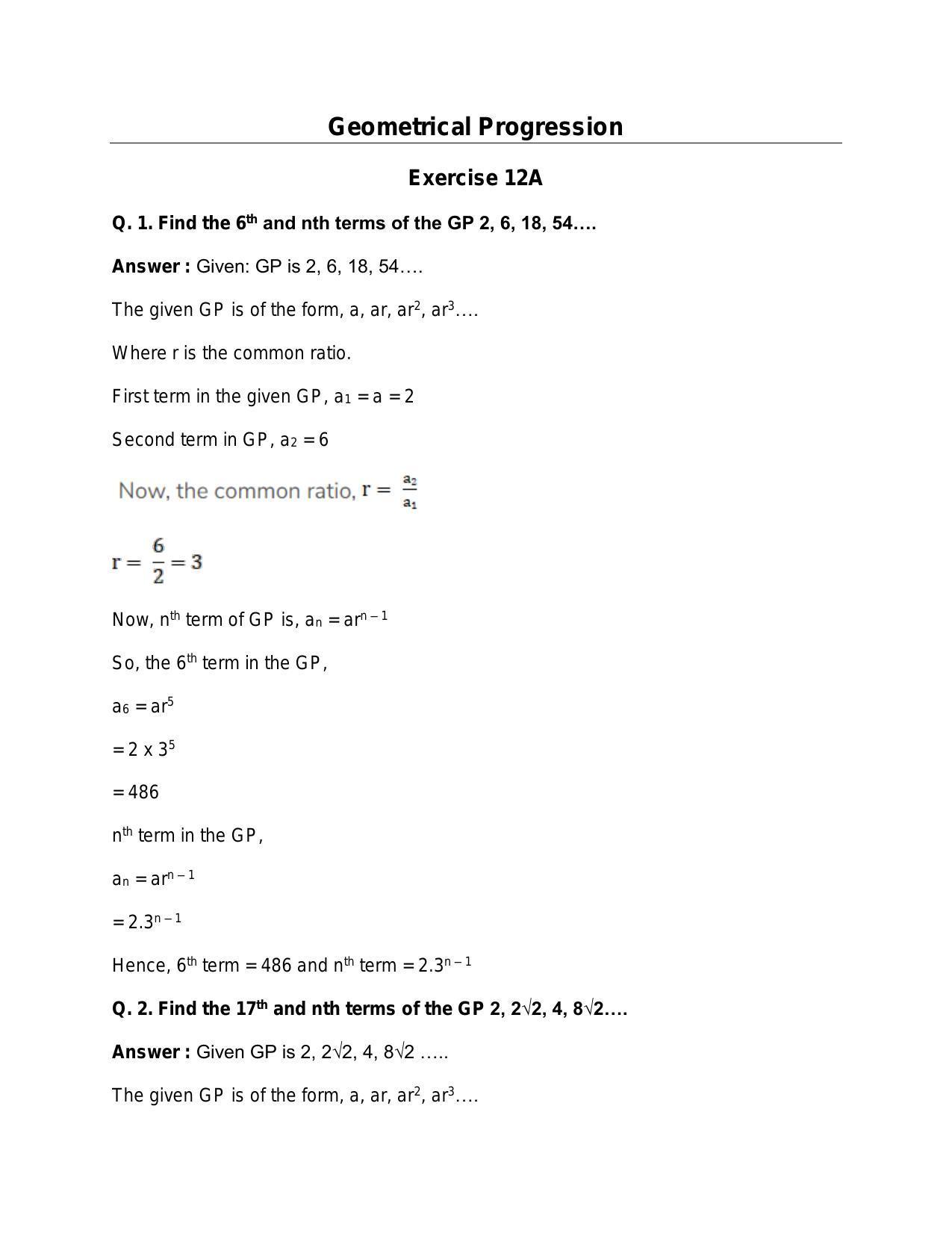 Chapter 12: Geometric Progression: RS Aggarwal Class 11 Solutions - Page 1
