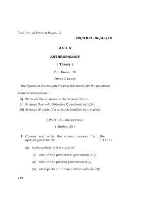 Meghalaya Board (MBOSE) Class 12 ANTHROPOLOGY 2018 Question Paper