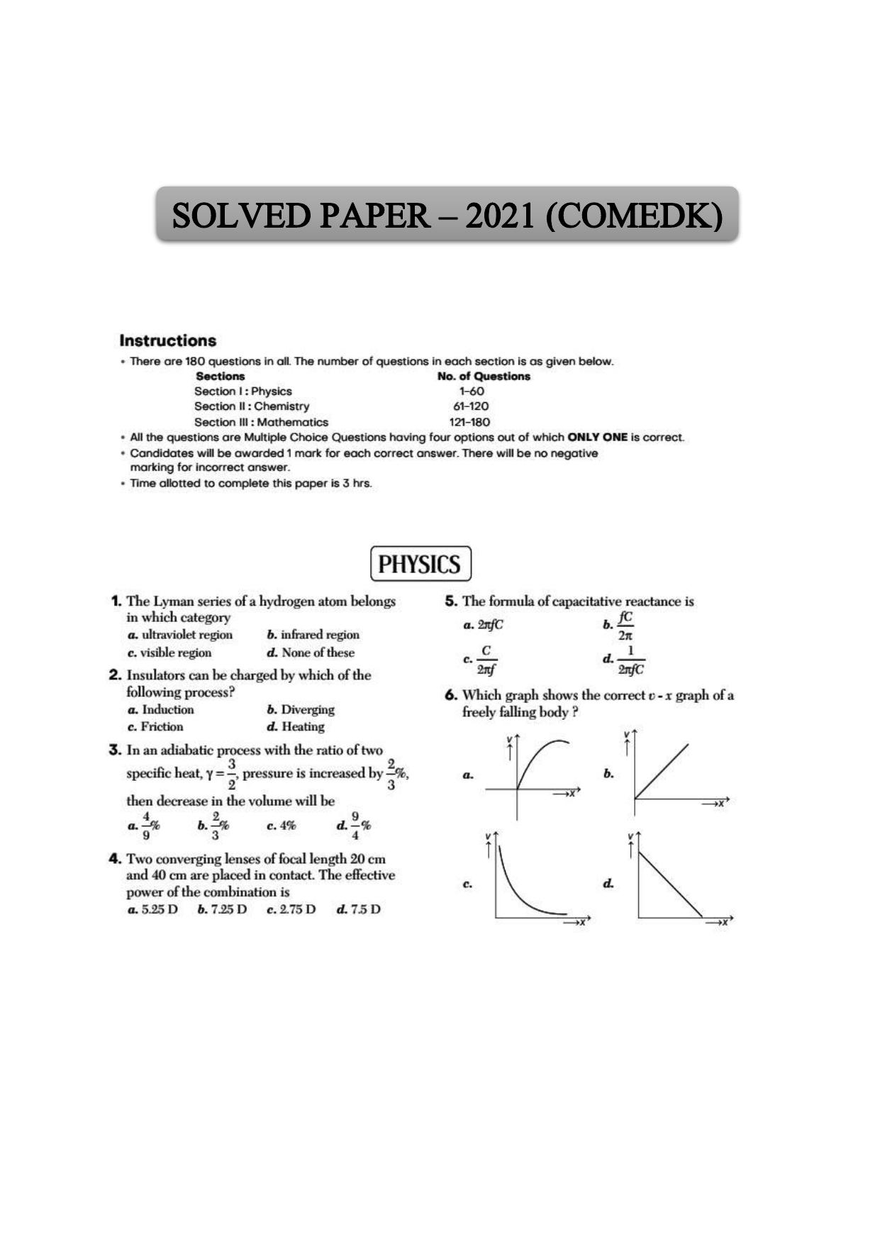 COMEDK UGET 2021 Question Paper - Page 1