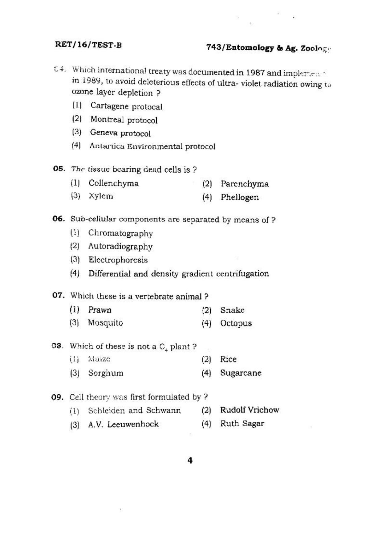 BHU RET (Agriculture) Entomology & Ag. Zoology 2016 Question Paper - Page 4
