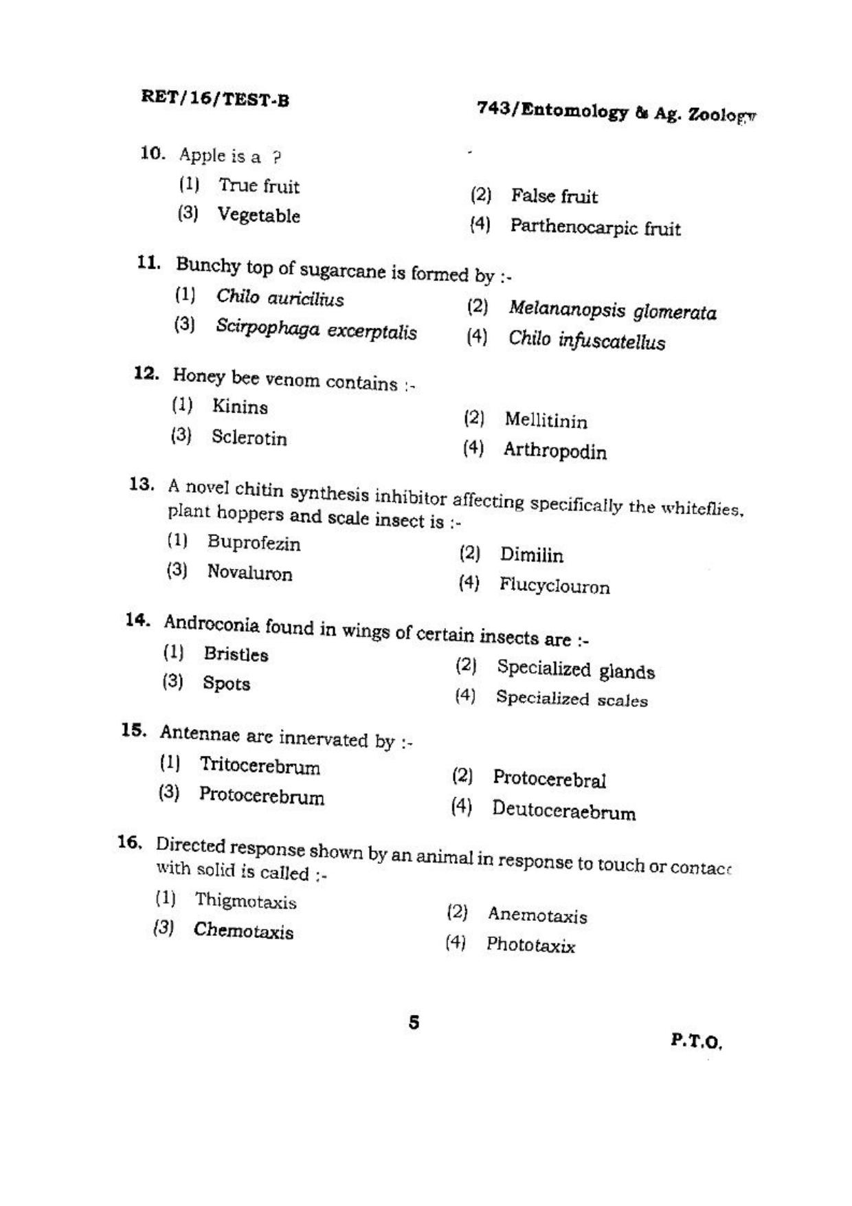 BHU RET (Agriculture) Entomology & Ag. Zoology 2016 Question Paper - Page 5