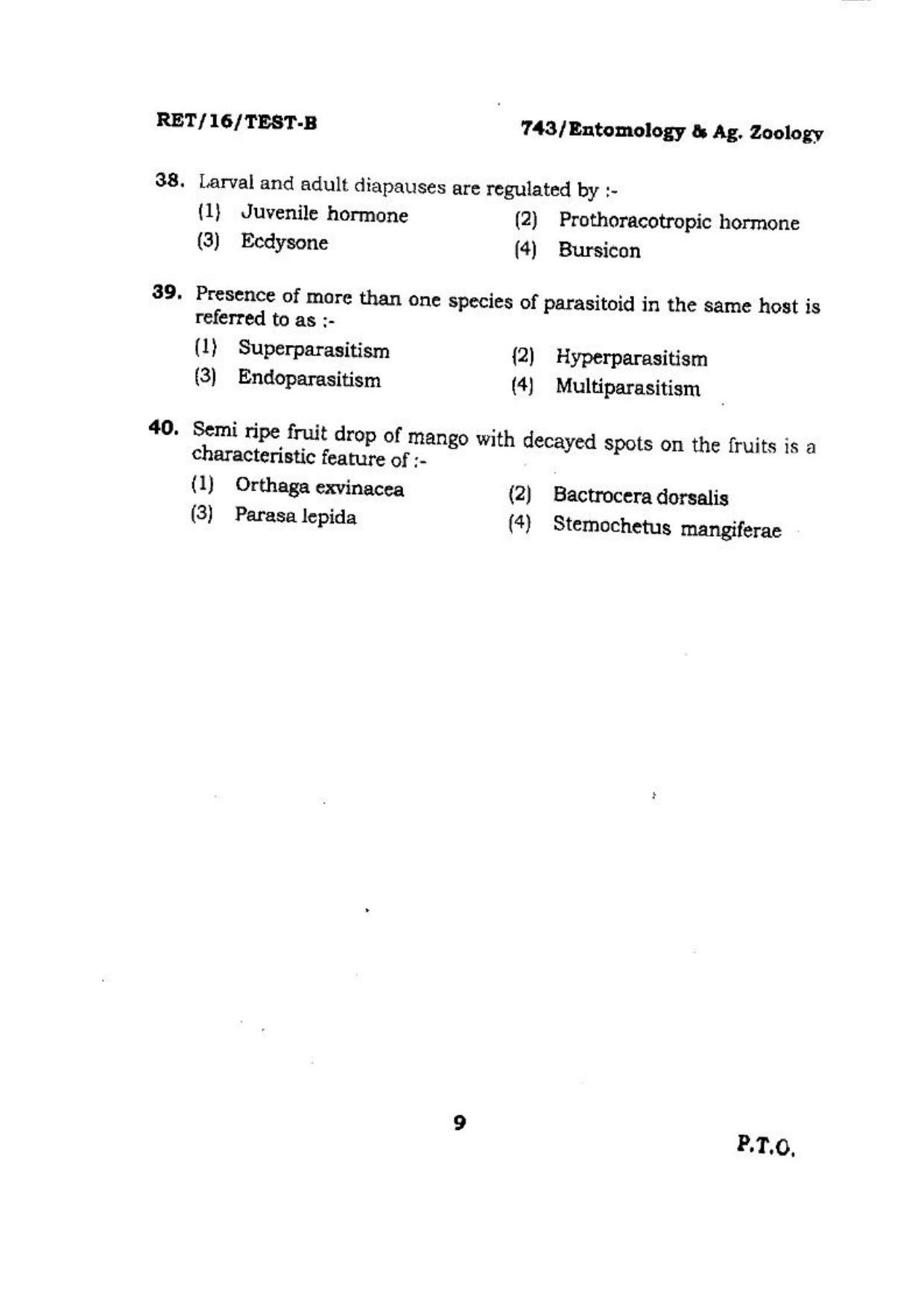 BHU RET (Agriculture) Entomology & Ag. Zoology 2016 Question Paper - Page 9
