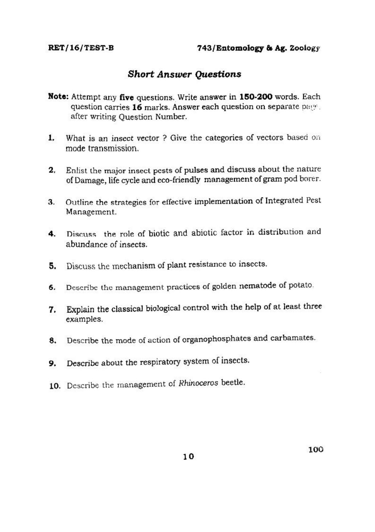 BHU RET (Agriculture) Entomology & Ag. Zoology 2016 Question Paper - Page 10