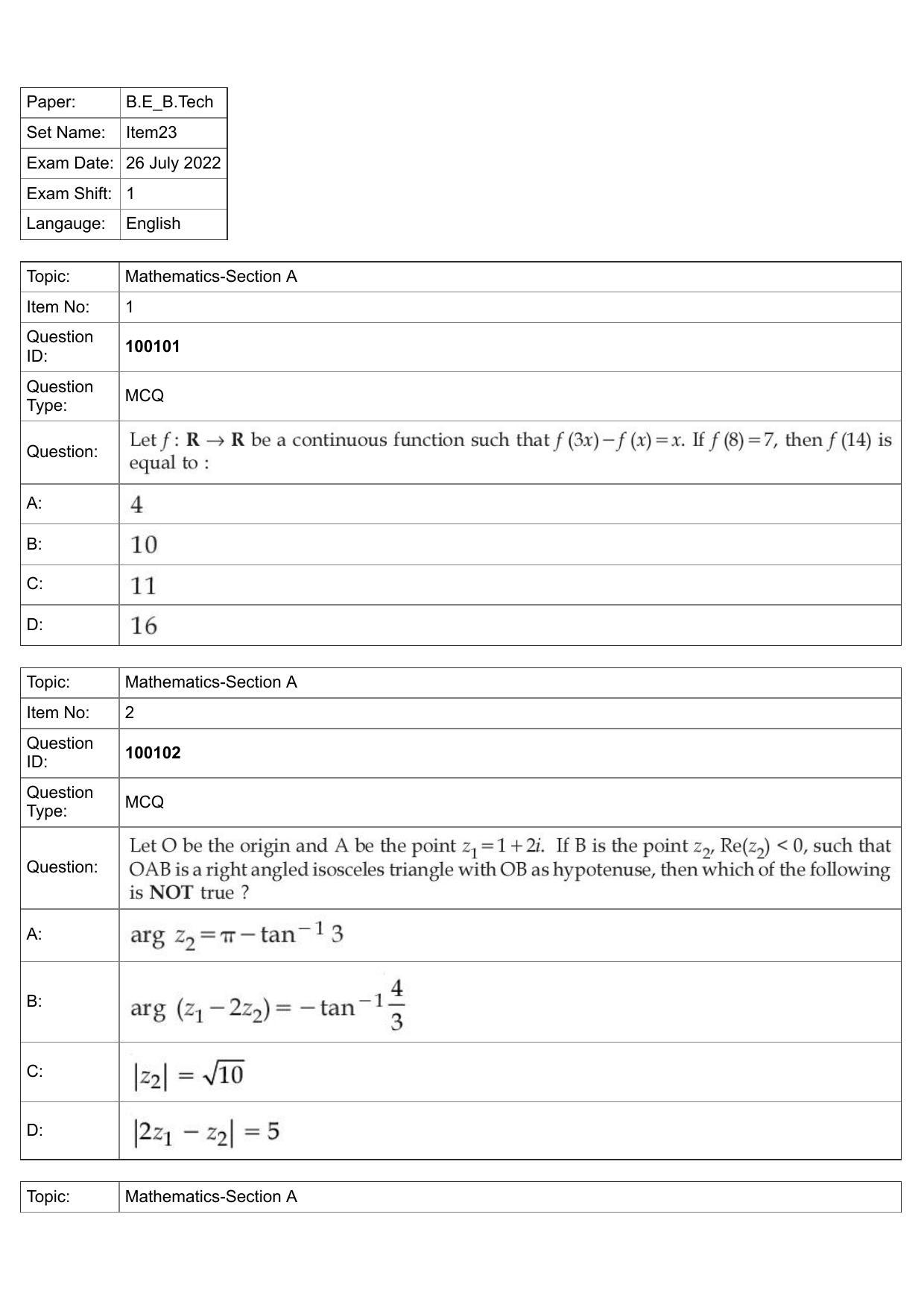 JEE Mains 2022: BTech English (Shift 1) 26-07-2022 Question Paper - Page 1