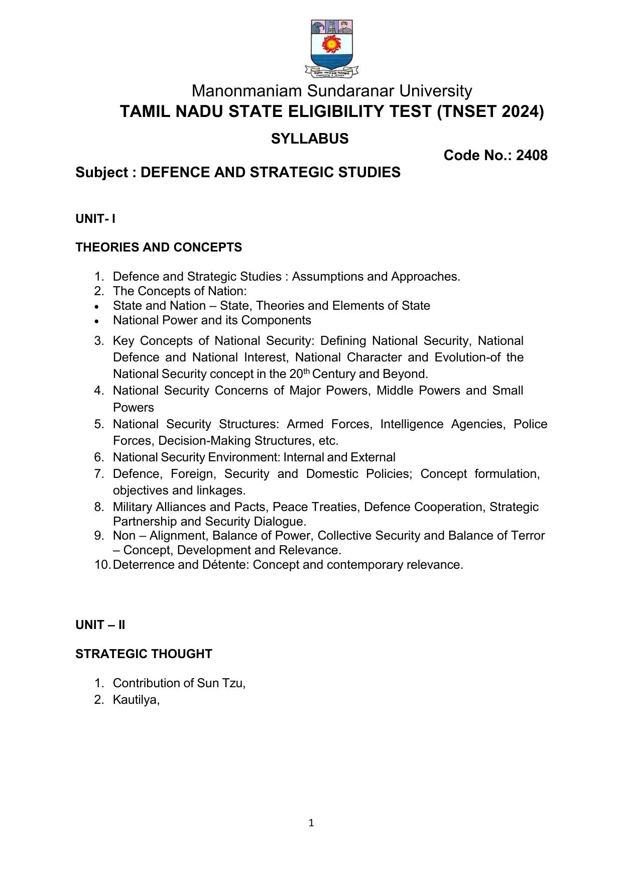 TNSET Syllabus - Defense and Strategic Studies - Page 1