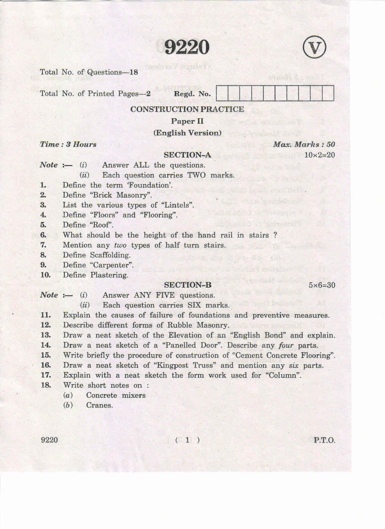 AP Inter 2nd Year Construction Practice-II May-2019-Vocational Question Paper - Page 1