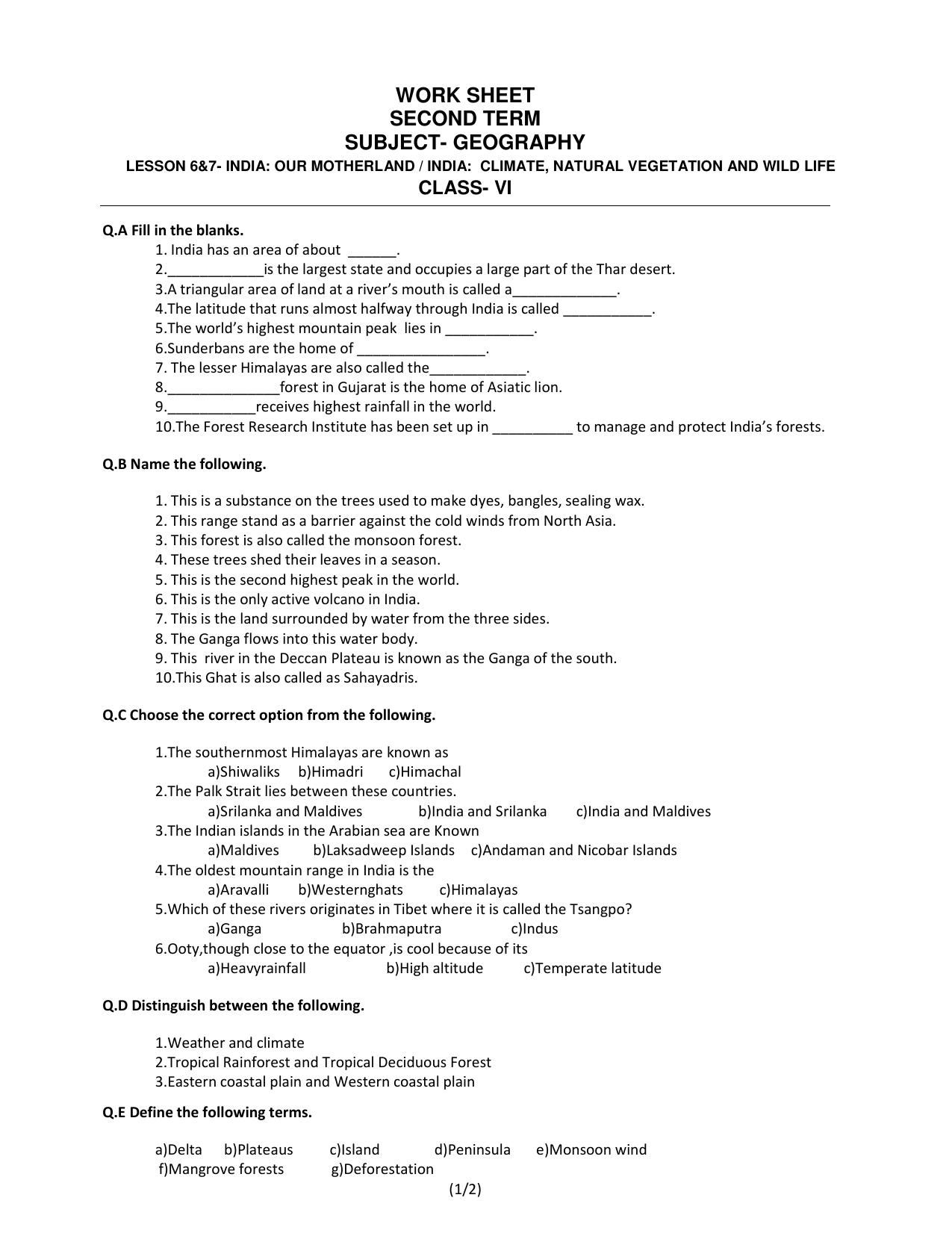 CBSE Worksheets for Class 6 Social Science India Our Motherland Assignment - Page 1