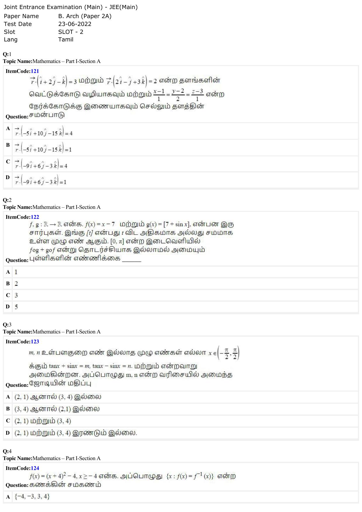 JEE Mains 2022: B Arch & B Planning Tamil (Shift 2) 23-06-2022 Question Paper - Page 1