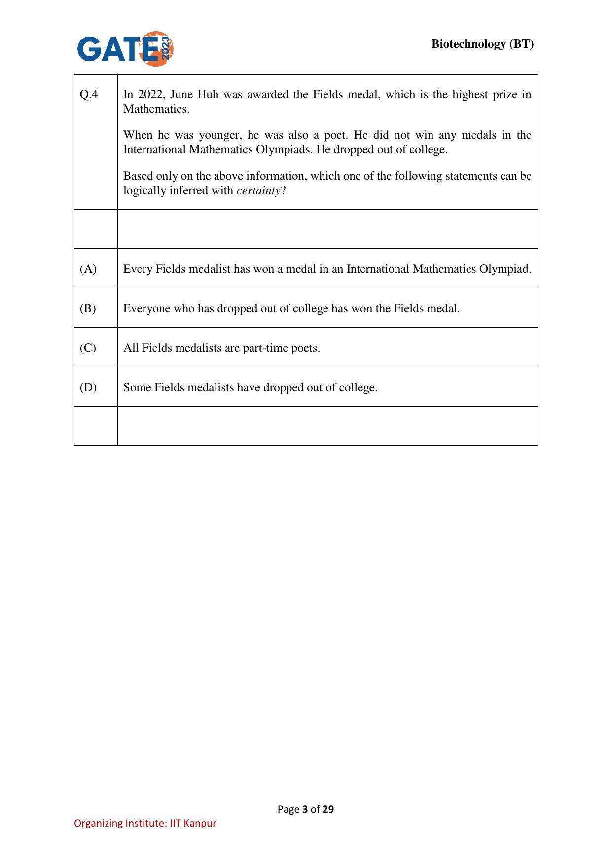 GATE 2023 Biotechnology (BT) Question Paper - Page 3