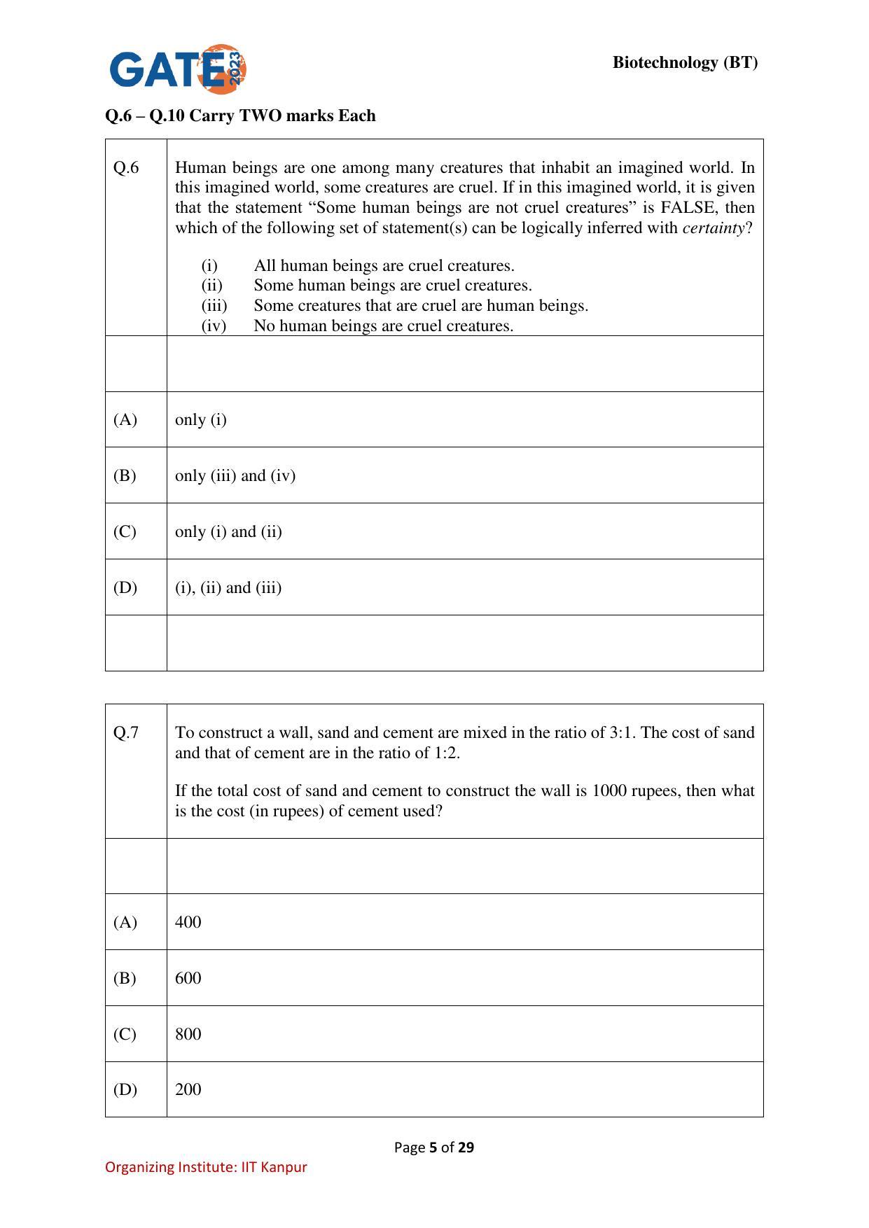GATE 2023 Biotechnology (BT) Question Paper - Page 5