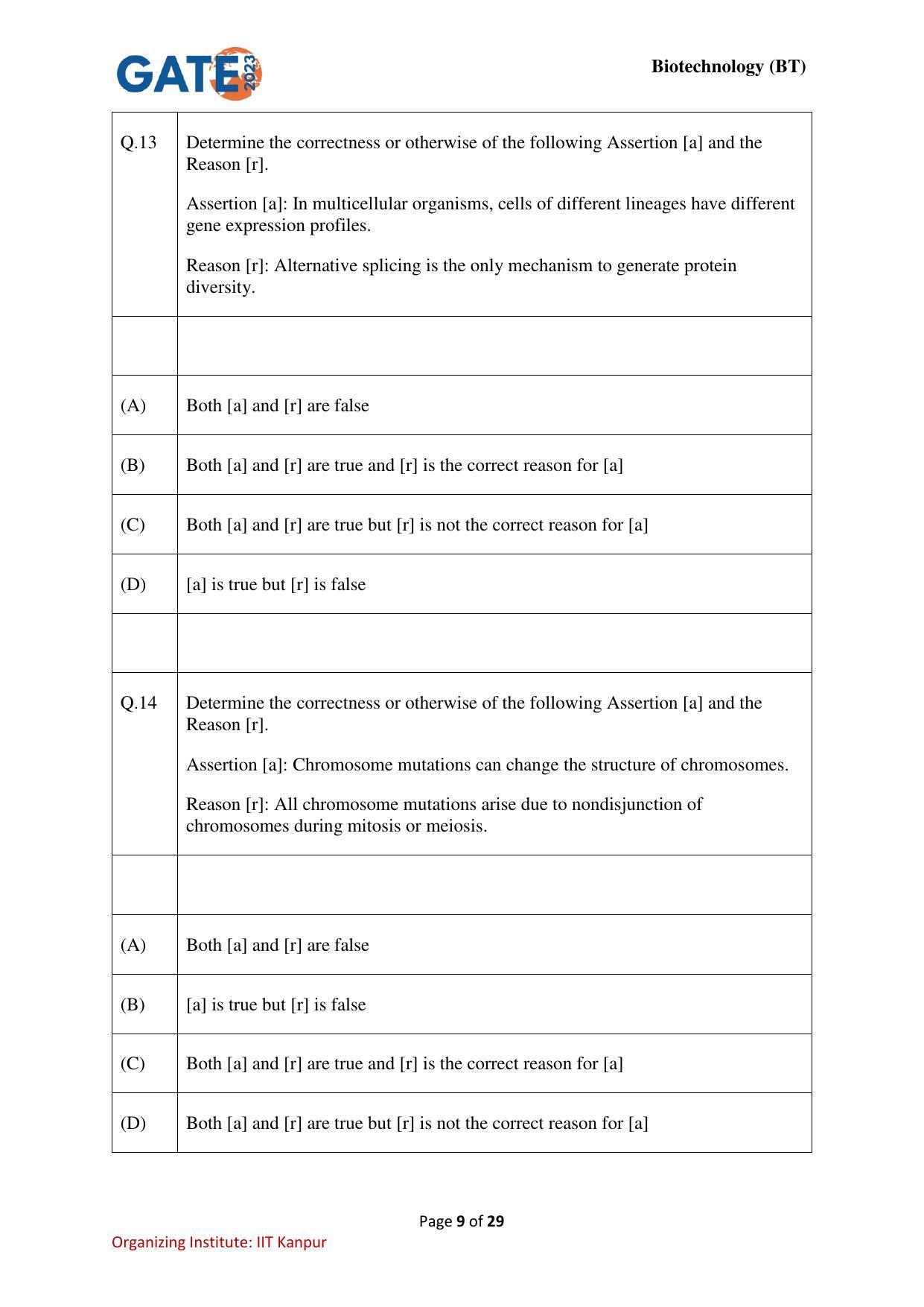 GATE 2023 Biotechnology (BT) Question Paper - Page 9