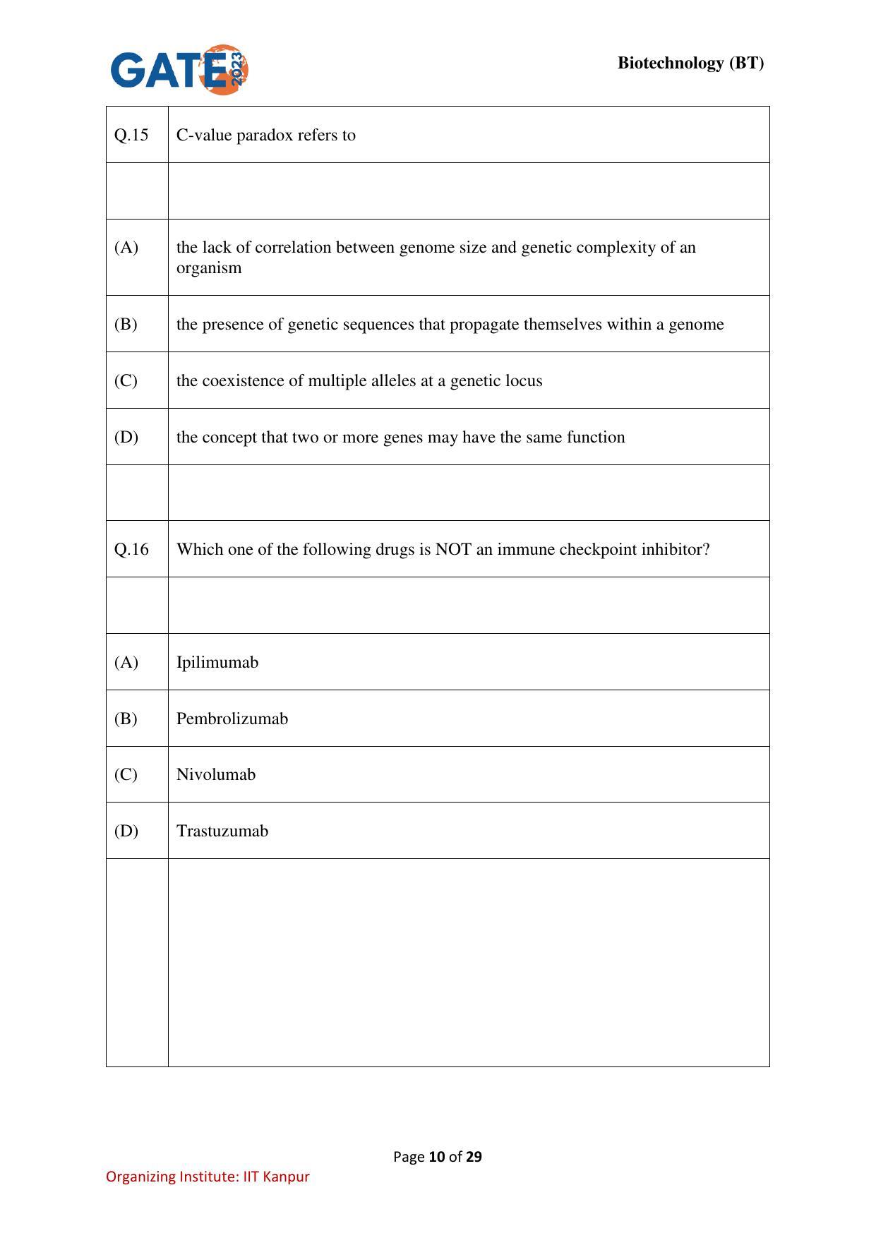 GATE 2023 Biotechnology (BT) Question Paper - Page 10