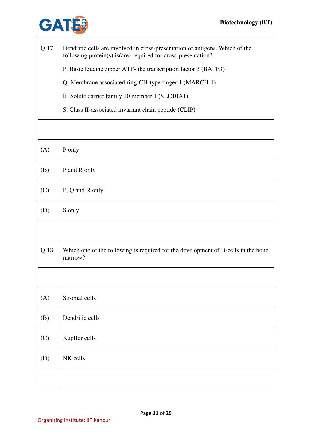 GATE 2023 Biotechnology (BT) Question Paper - Page 11