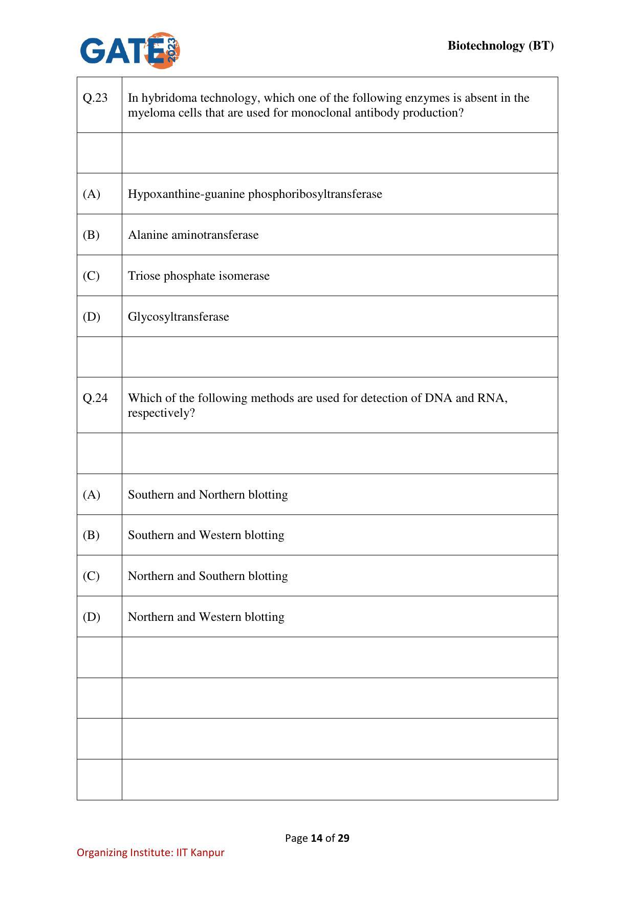 GATE 2023 Biotechnology (BT) Question Paper - Page 14