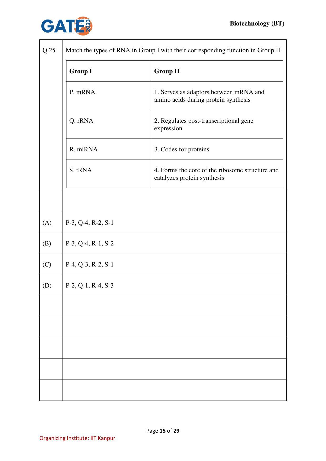 GATE 2023 Biotechnology (BT) Question Paper - Page 15