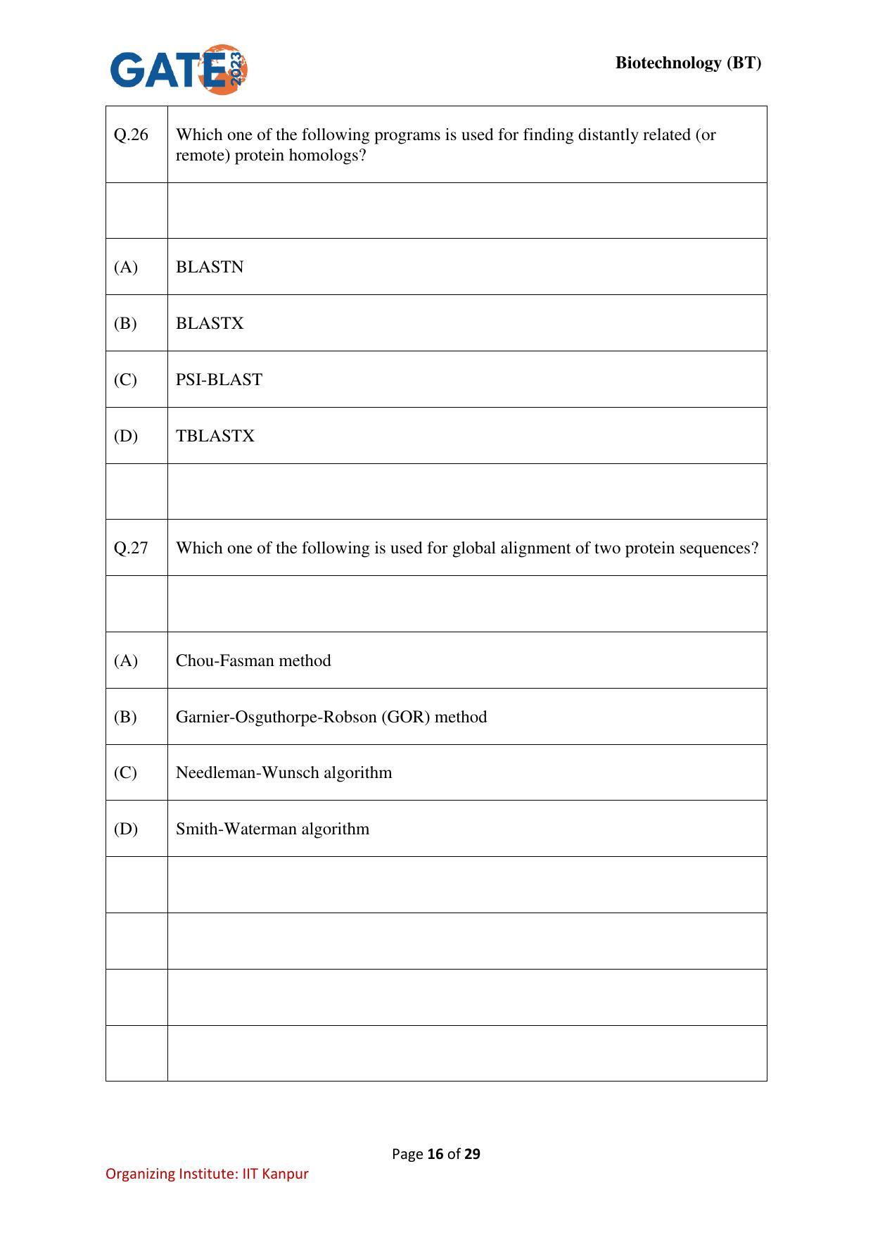 GATE 2023 Biotechnology (BT) Question Paper - Page 16