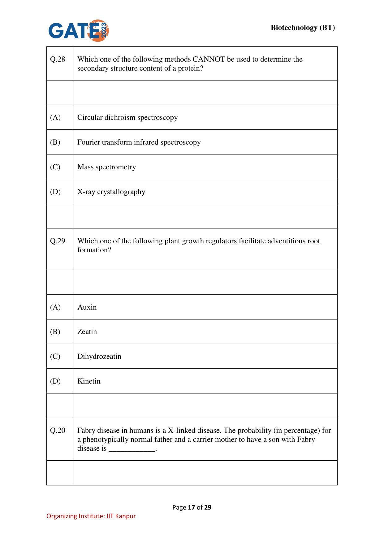 GATE 2023 Biotechnology (BT) Question Paper - Page 17