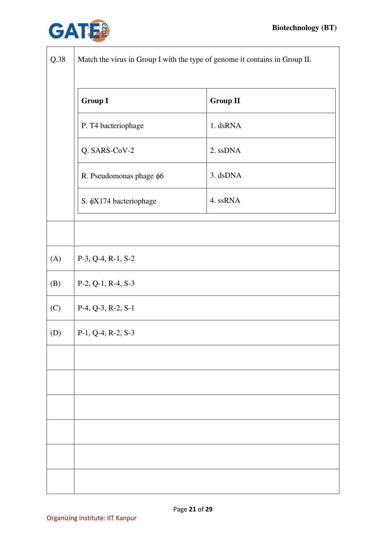 GATE 2023 Biotechnology (BT) Question Paper - Page 21