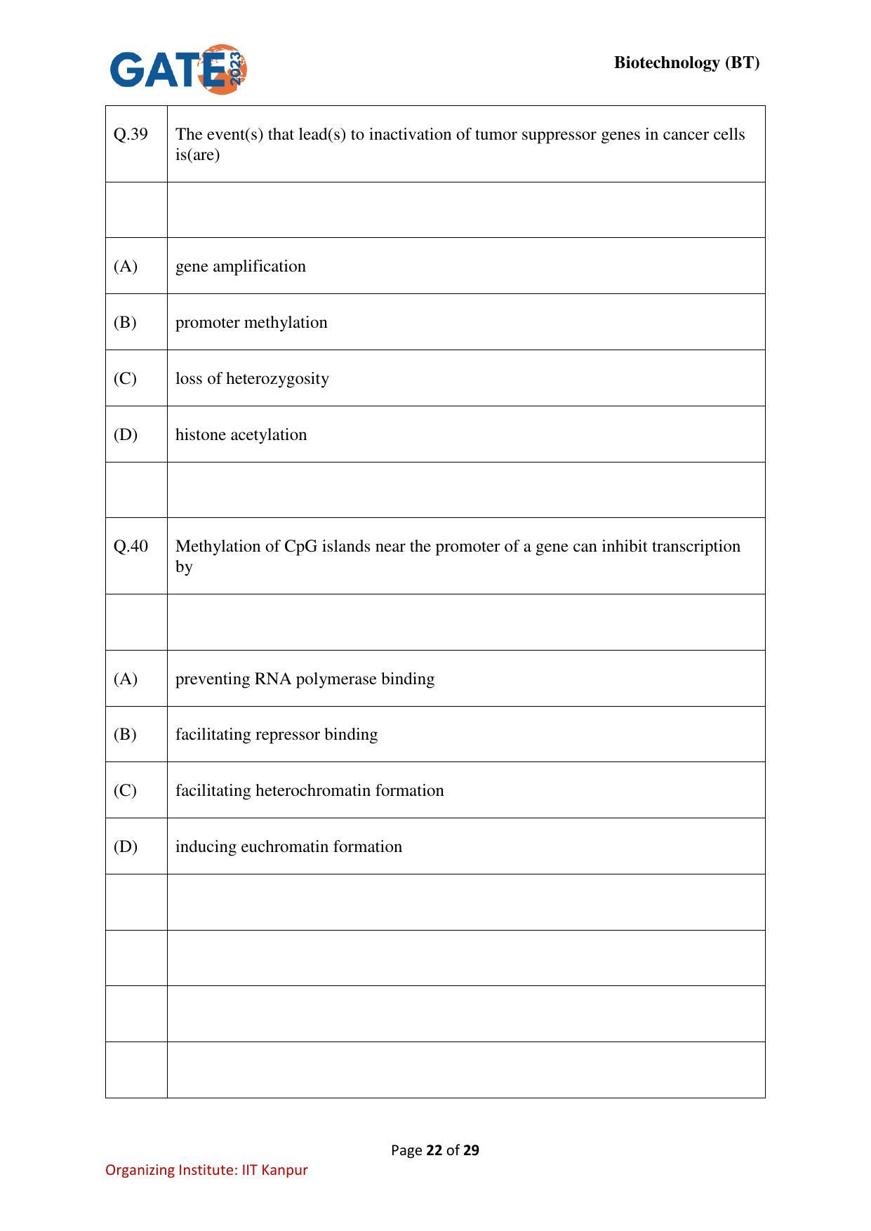 GATE 2023 Biotechnology (BT) Question Paper - Page 22