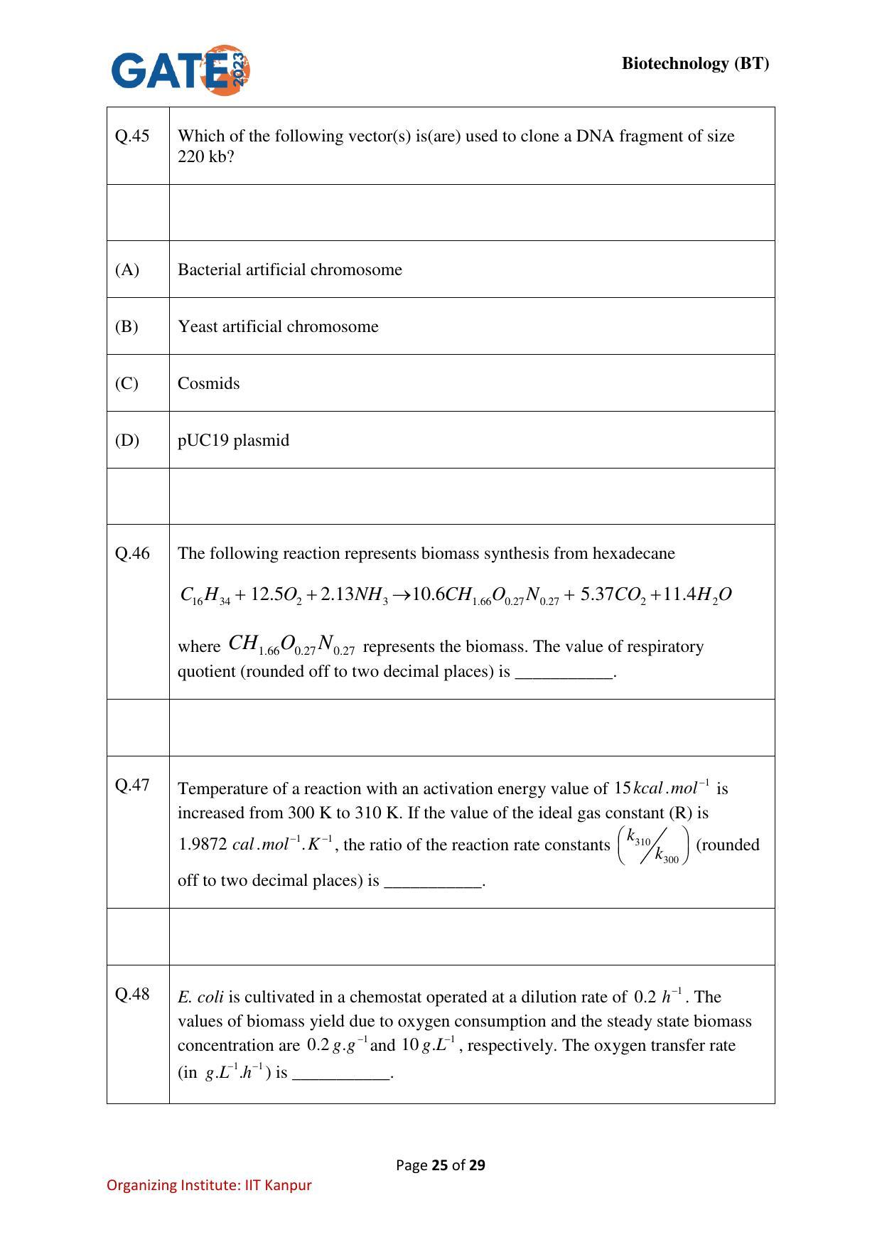 GATE 2023 Biotechnology (BT) Question Paper - Page 25