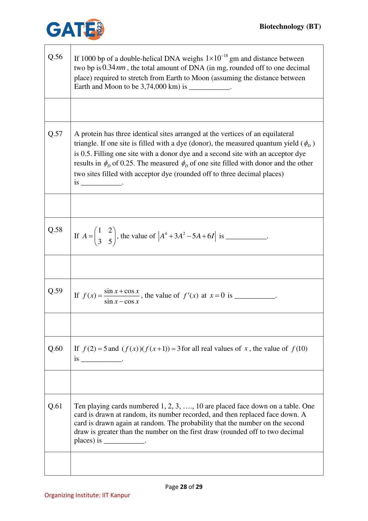 GATE 2023 Biotechnology (BT) Question Paper - Page 28
