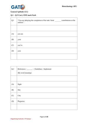 GATE 2023 Biotechnology (BT) Question Paper