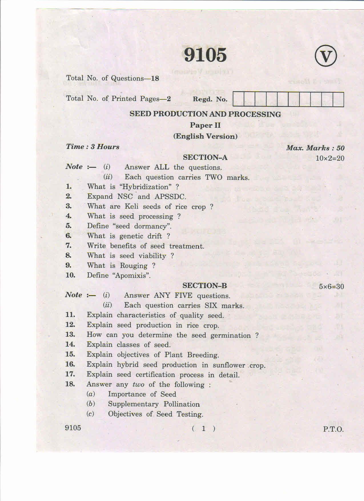 AP Inter 2nd Year Seed Production and Processing-II March-2019-Vocational Question Paper - Page 1