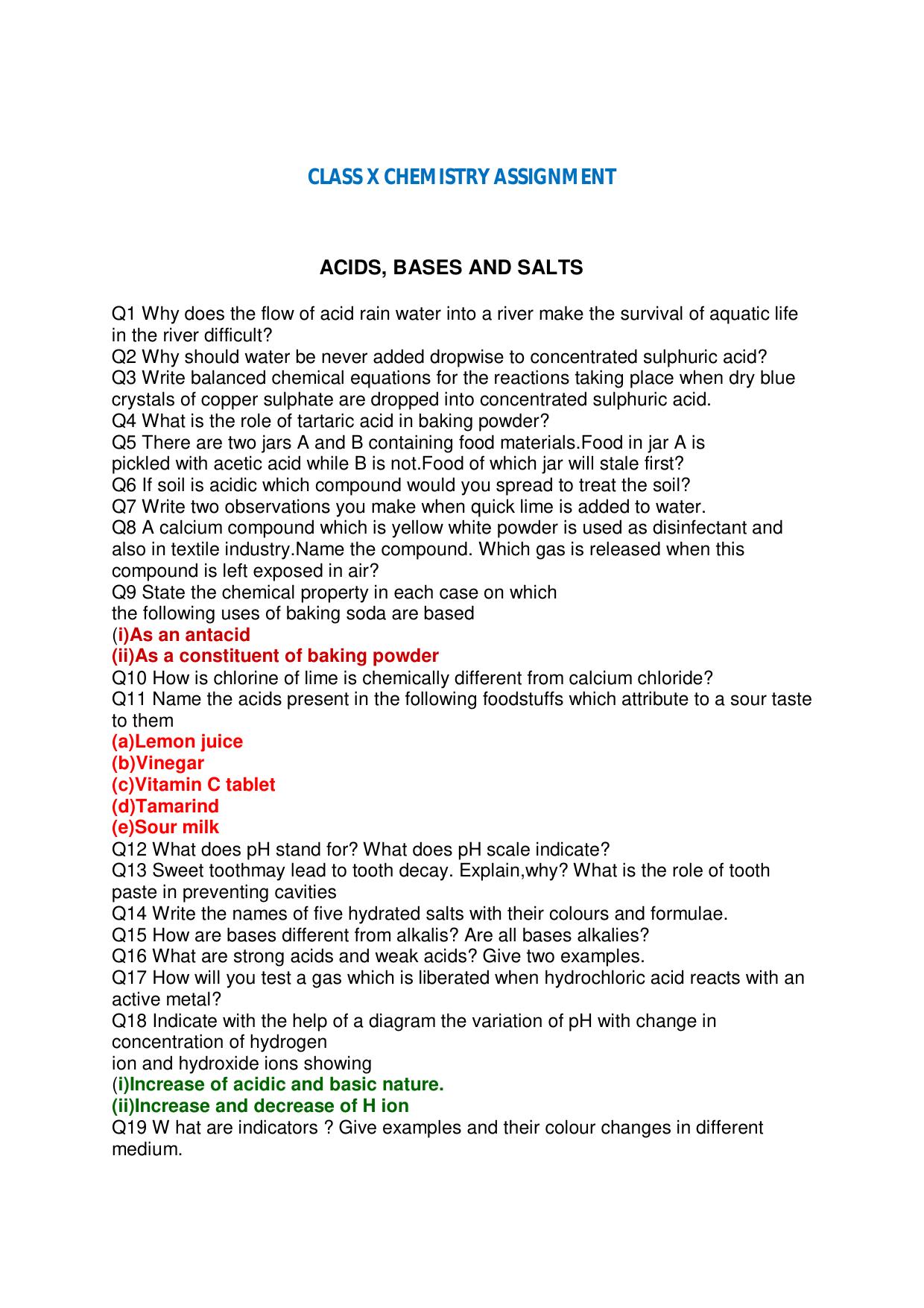 CBSE Worksheets for Class 10 Chemistry Acids, Bases And Salts Assignment 2 - Page 1