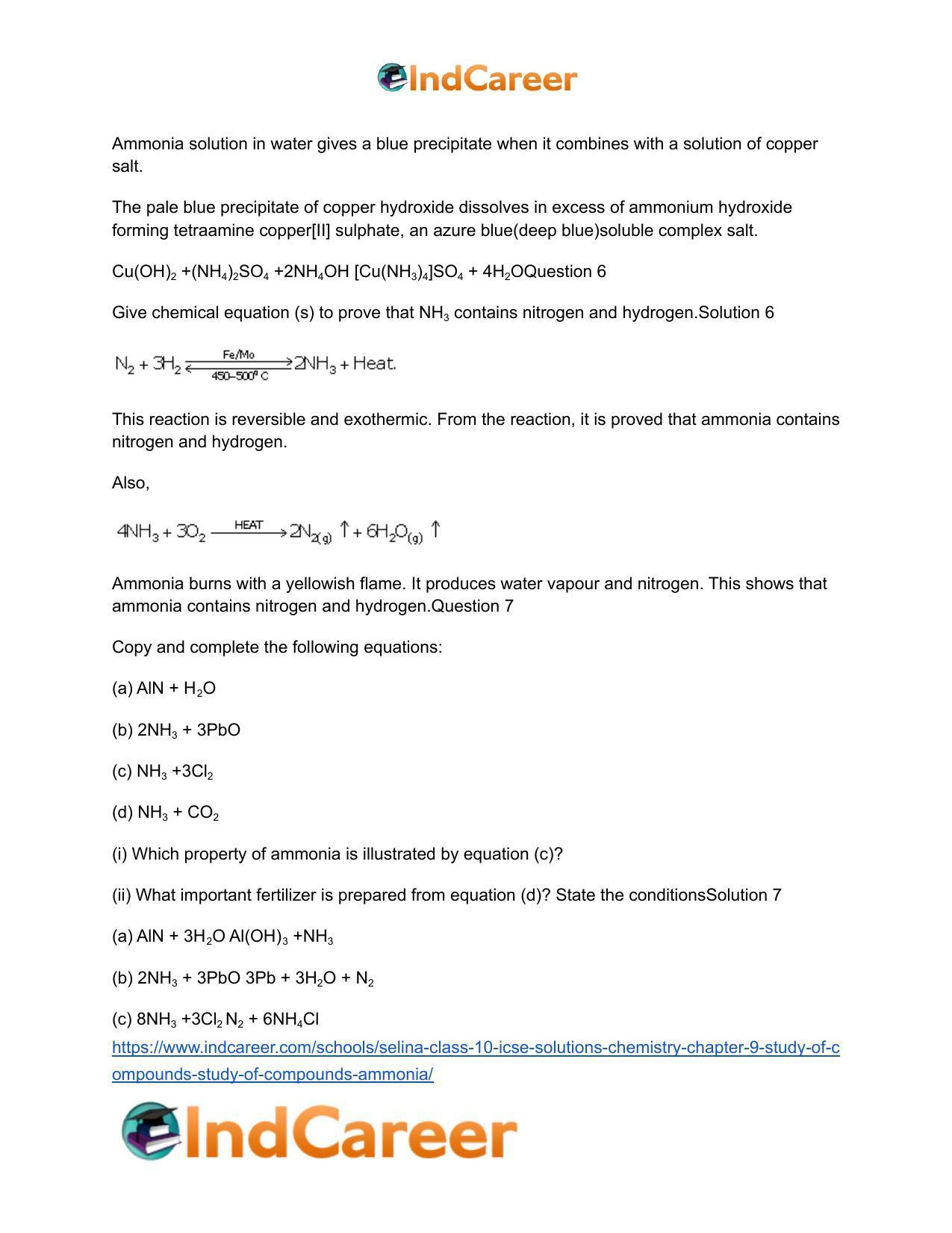 Selina Class 10 ICSE Solutions Chemistry : Chapter 9- Study of Compounds - Study of Compounds - Ammonia - Page 12