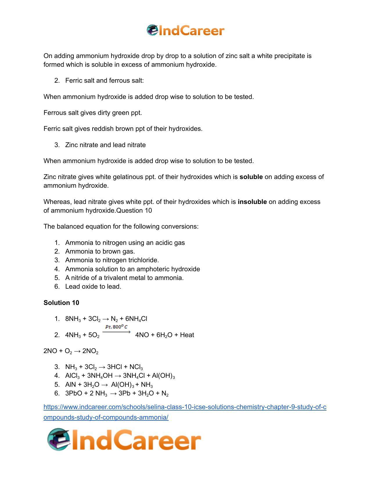 Selina Class 10 ICSE Solutions Chemistry : Chapter 9- Study of Compounds - Study of Compounds - Ammonia - Page 14