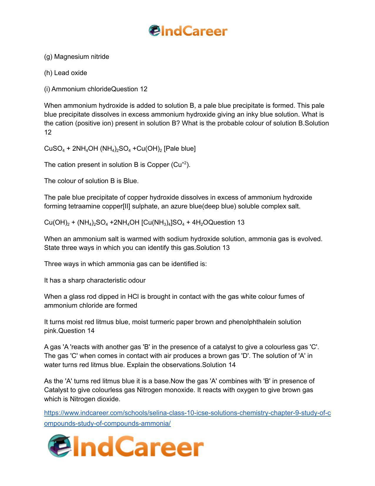 Selina Class 10 ICSE Solutions Chemistry : Chapter 9- Study of Compounds - Study of Compounds - Ammonia - Page 16