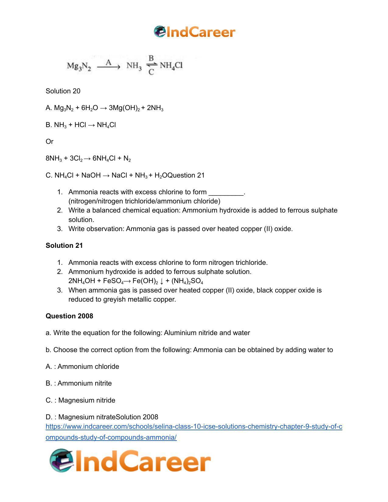 Selina Class 10 ICSE Solutions Chemistry : Chapter 9- Study of Compounds - Study of Compounds - Ammonia - Page 20