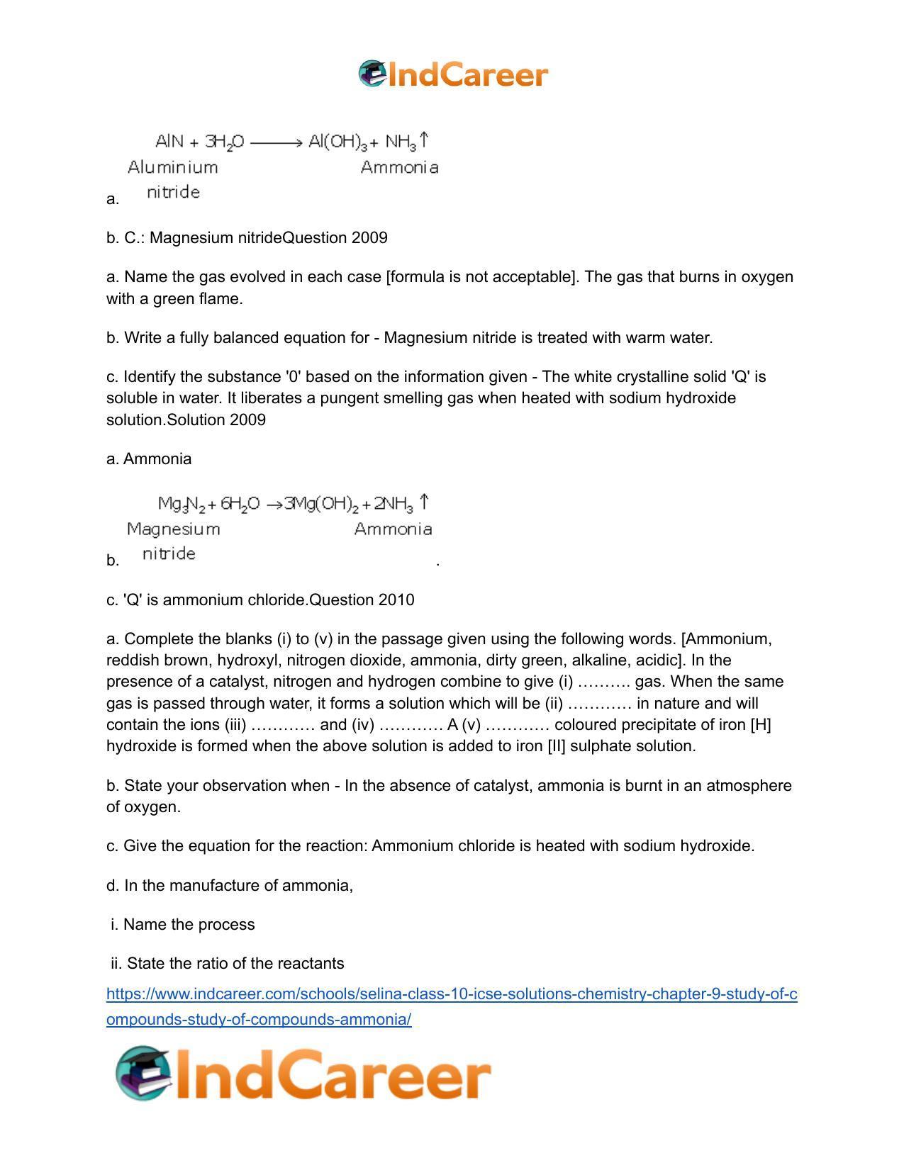 Selina Class 10 ICSE Solutions Chemistry : Chapter 9- Study of Compounds - Study of Compounds - Ammonia - Page 21